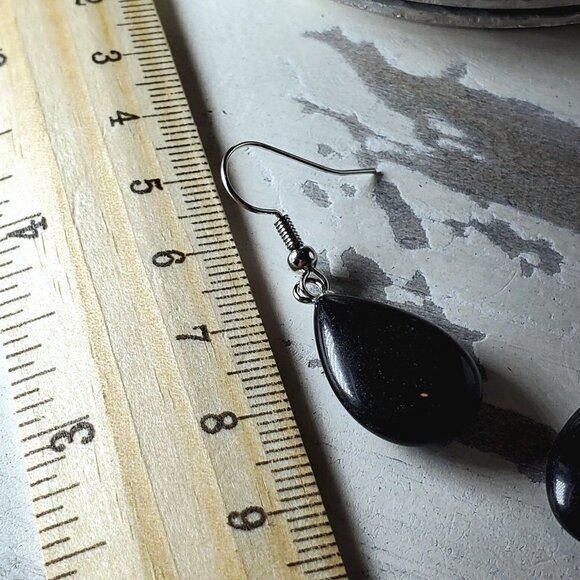 Onyx Gemstone Puffed Teardrop Handcrafted Black Silver Dangle Earrings - Picture 6 of 6